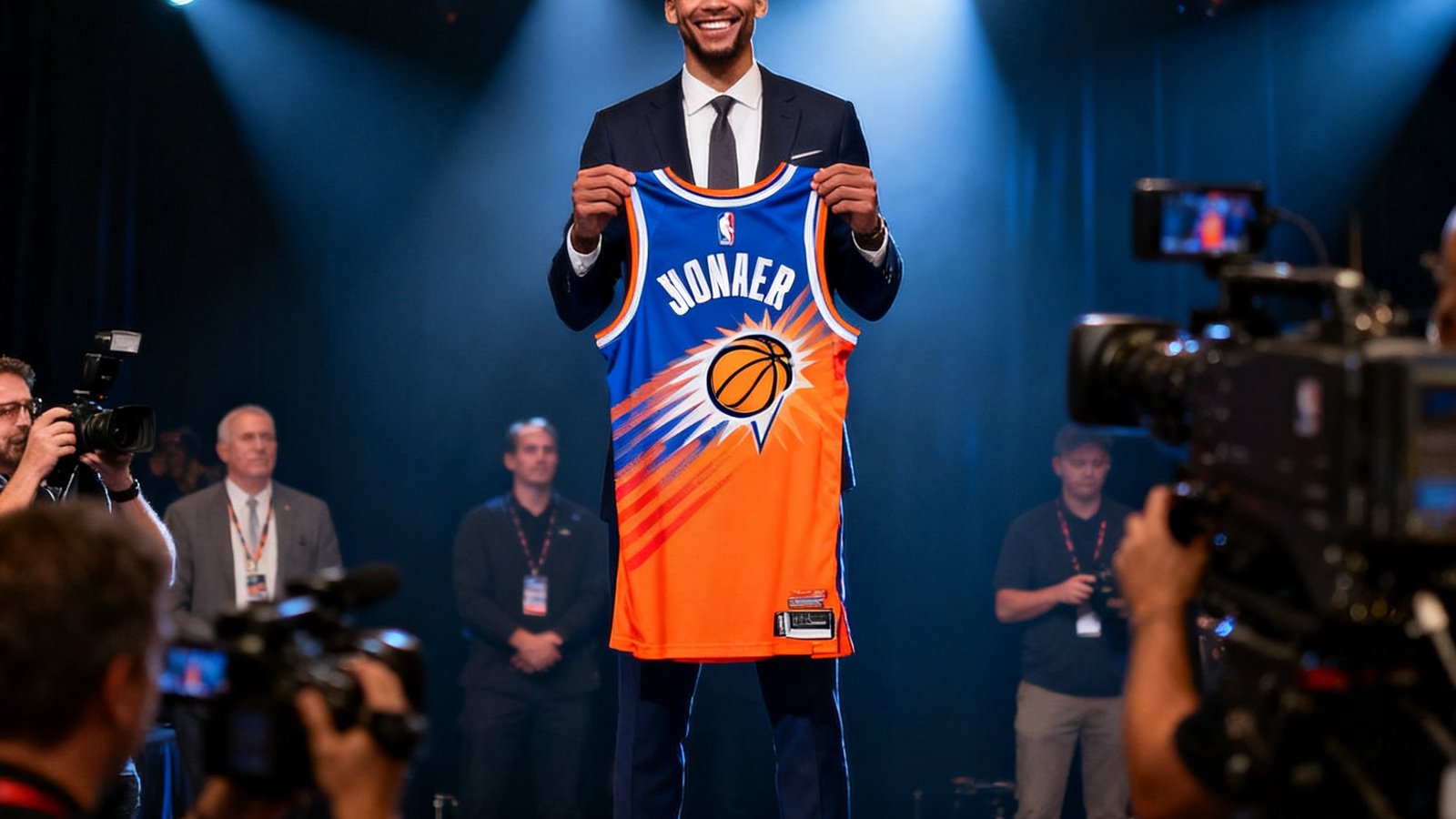 NBA转会新闻发布会上新援展示球衣，球员面带微笑举起印有自己名字的新球队战袍